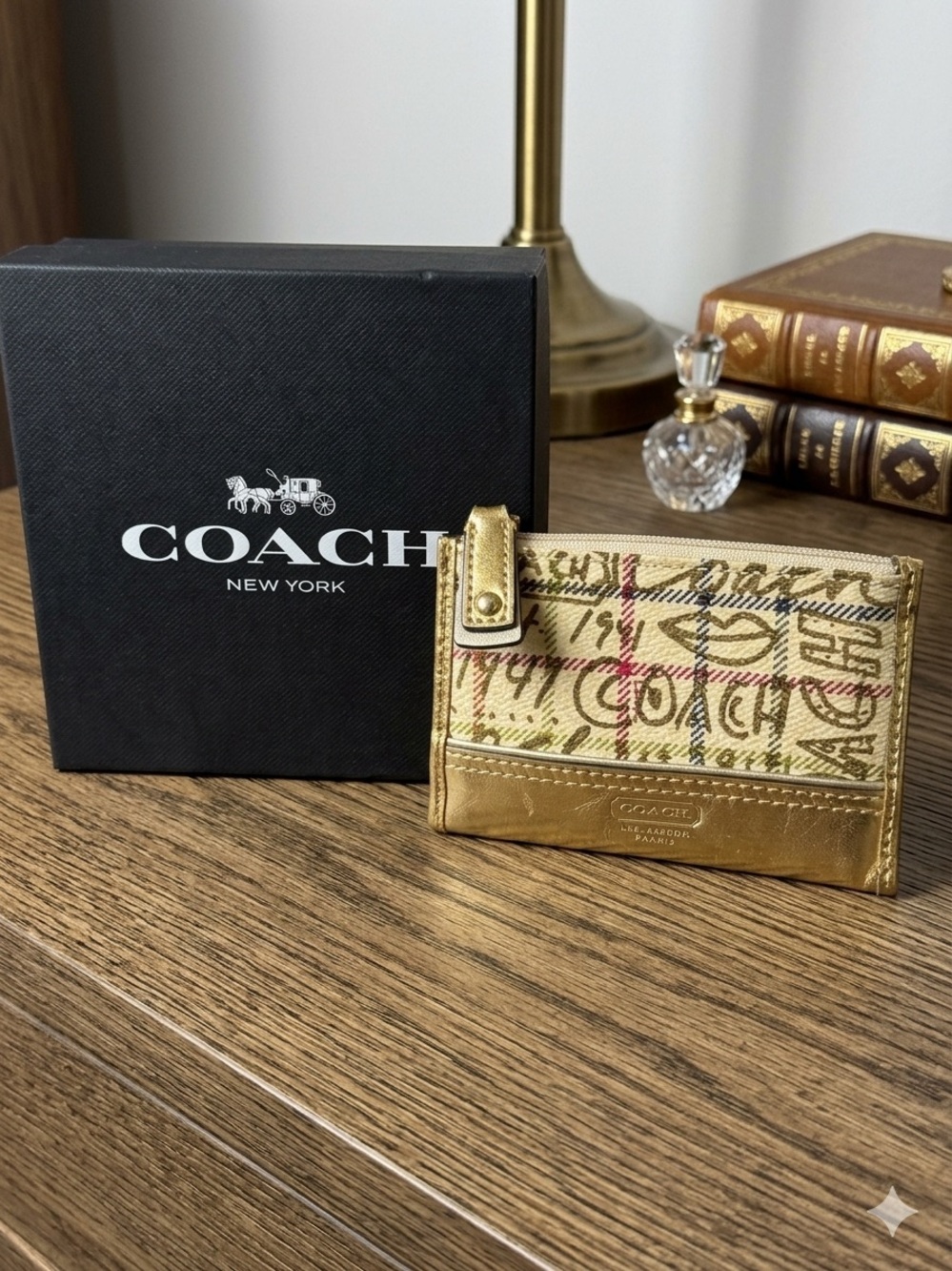 Coach Tattersall Gold Metallic Graffiti Mini Skinny Card Case -Vintage